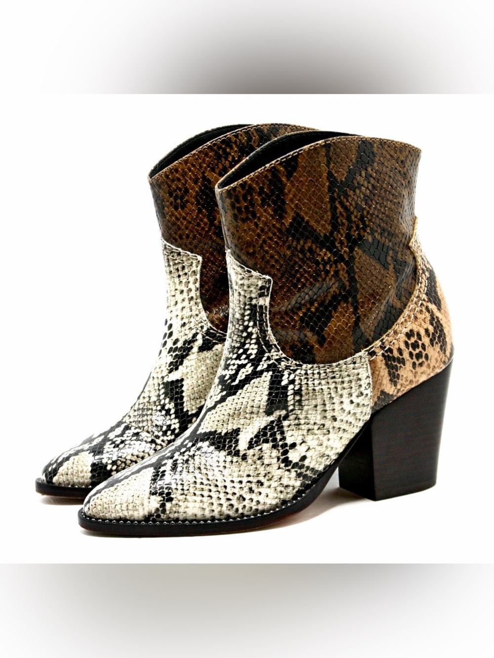 SCHUTZ Two-Tone Snake-Print Ankle Boots in Brown & Cream